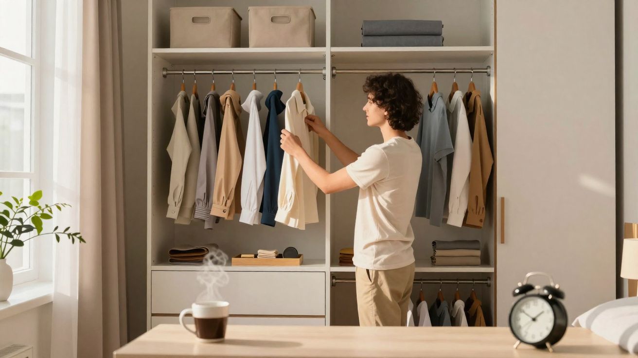 Pessoa a escolher roupa num armário moderno com iluminação natural e objetos no quarto organizado.