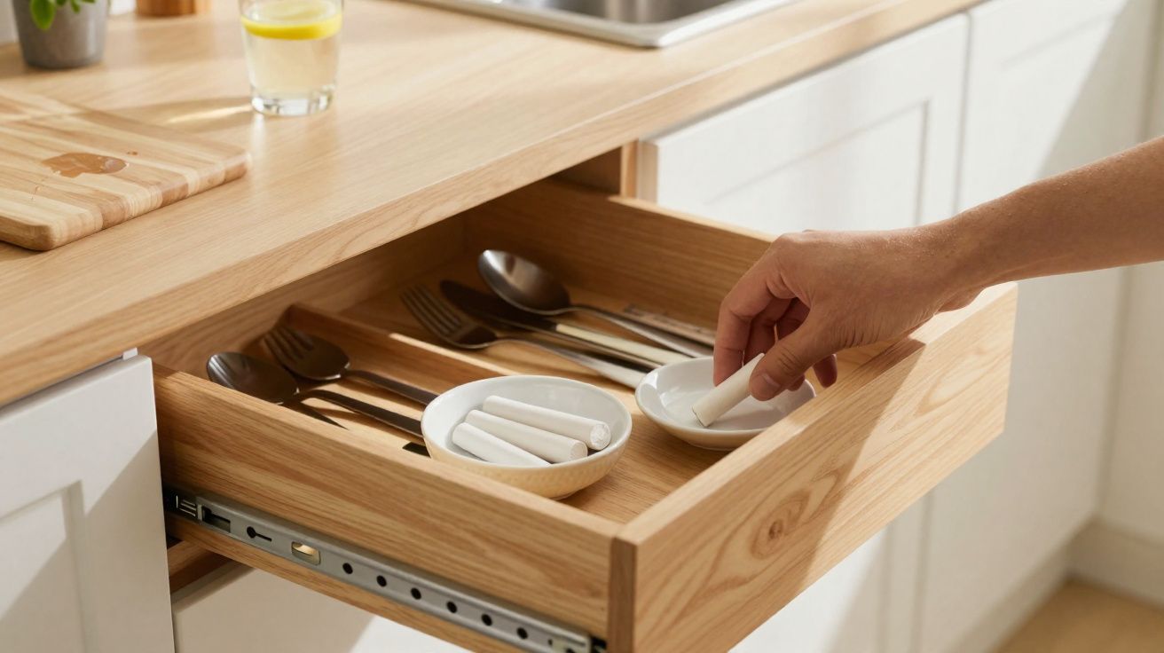 Cozinha com uma gaveta aberta contendo talheres e pequenas tigelas brancas com giz branco e uma mão a pegar um dos pedaços de