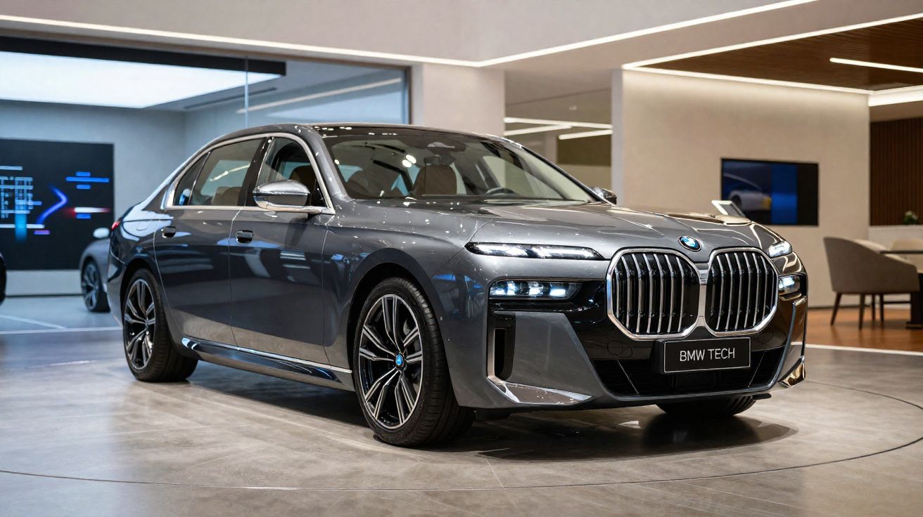Carro BMW cinzento metálico em exposição interior com grelha frontal grande e rodas desportivas.