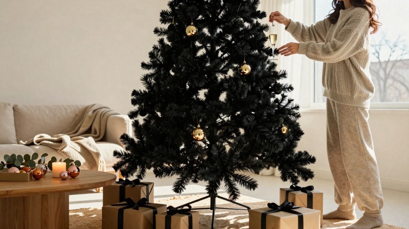 Pessoa a decorar árvore de Natal preta com bolas douradas, rodeada de presentes em casa iluminada.