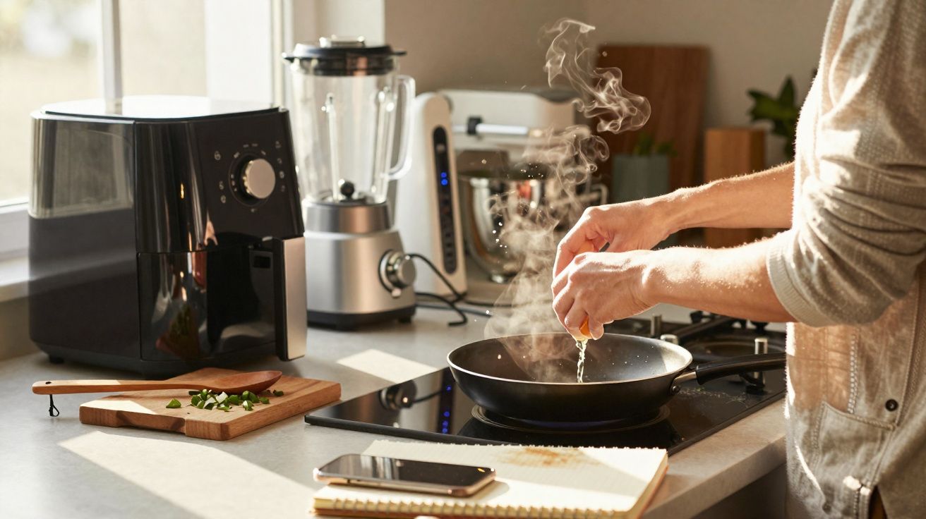 Pessoa a partir um ovo numa frigideira fumegante numa cozinha com vários eletrodomésticos.