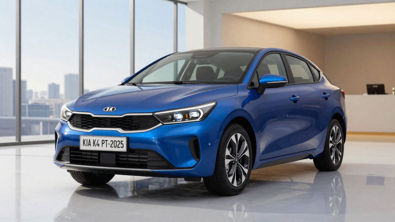 Automóvel azul Kia K4 PT-2025 estacionado num piso interior moderno com janelas amplas.
