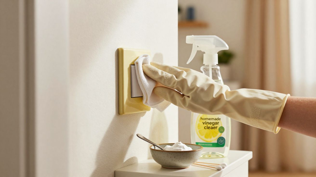 Mão com luva amarela a limpar interruptor com pano, spray de vinagre caseiro e recipiente com bicarbonato na mesa.