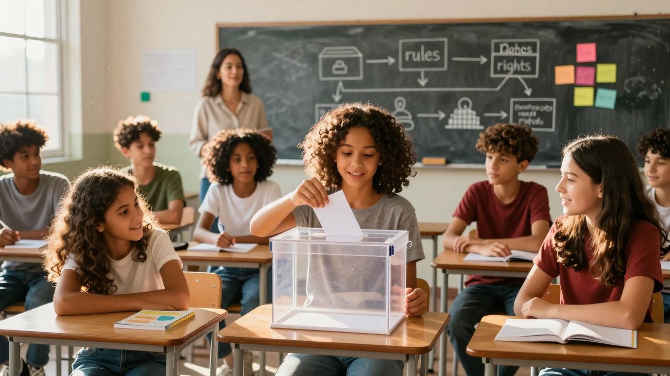 Crianças numa sala de aula a votar numa urna transparente, com quadro negro ao fundo.