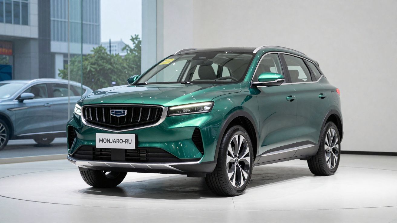 SUV verde metalizado Geely Monjaro-RU estacionado num showroom moderno.