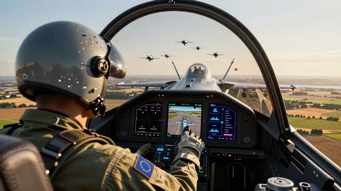 Piloto de caça com capacete no cockpit, apontando para um ecrã com formação aérea de aviões sobre terreno rural.