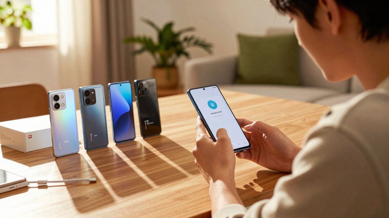 Pessoa a usar smartphone junto a quatro telemóveis alinhados numa mesa de madeira numa sala iluminada.