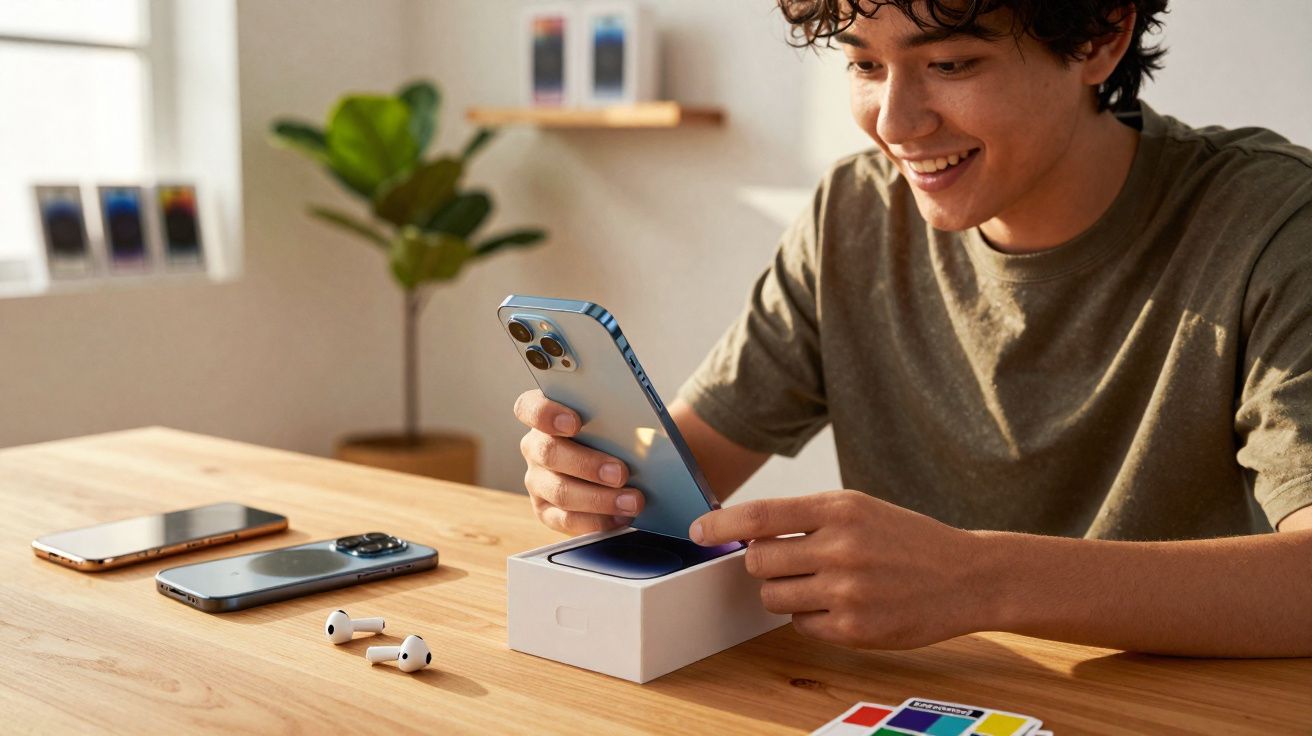 Jovem sorridente desembrulha um smartphone azul numa mesa de madeira com acessórios ao redor.