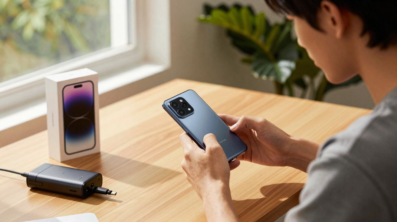 Pessoa a segurar um smartphone azul junto à mesa com caixa do telemóvel e carregador, junto a uma janela.