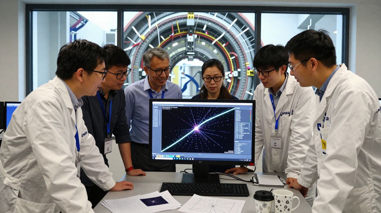 Equipa de cientistas em laboratório a analisar dados científicos num computador com gráficos complexos.
