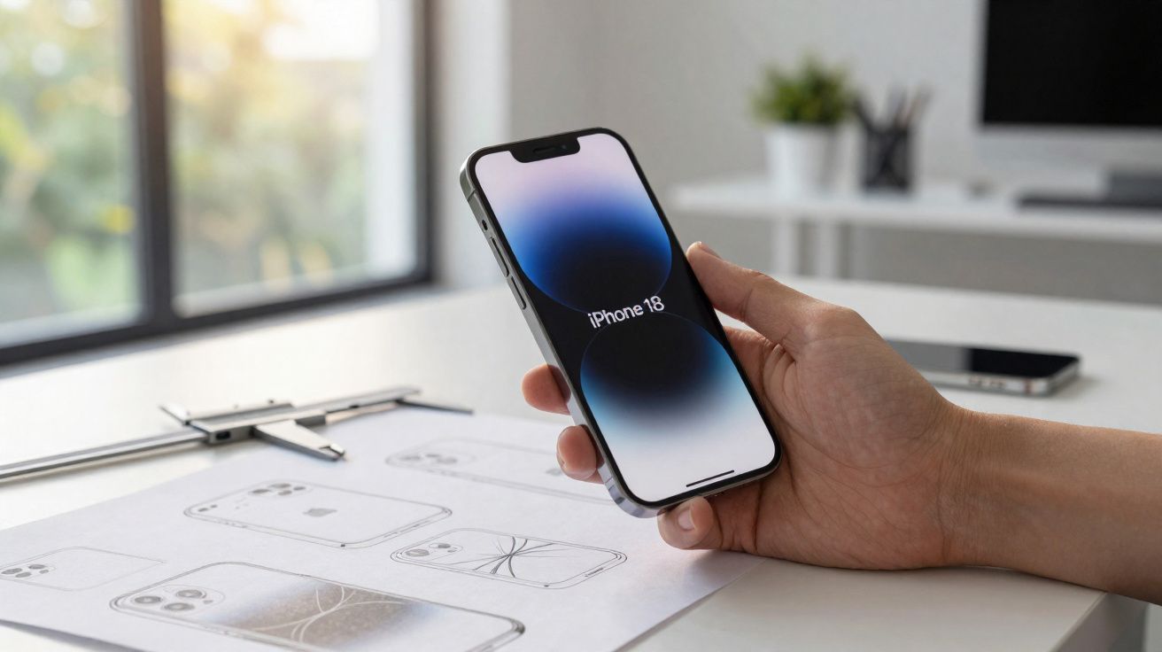 Pessoa segurando um iPhone 18 com designs de telefone e régua numa secretária clara ao fundo.
