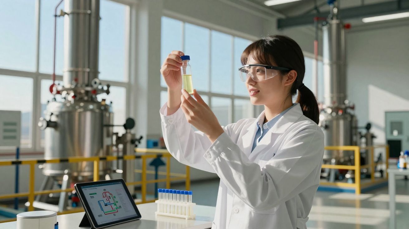 Cientista a examinar um tubo de ensaio com líquido amarelo num laboratório industrial moderno.