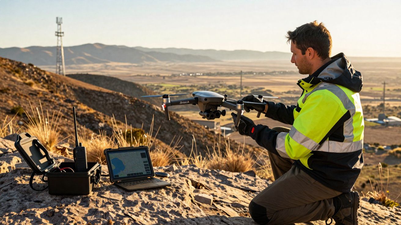 Homem com jaqueta refletora prepara drone para voo numa paisagem montanhosa ao pôr do sol.