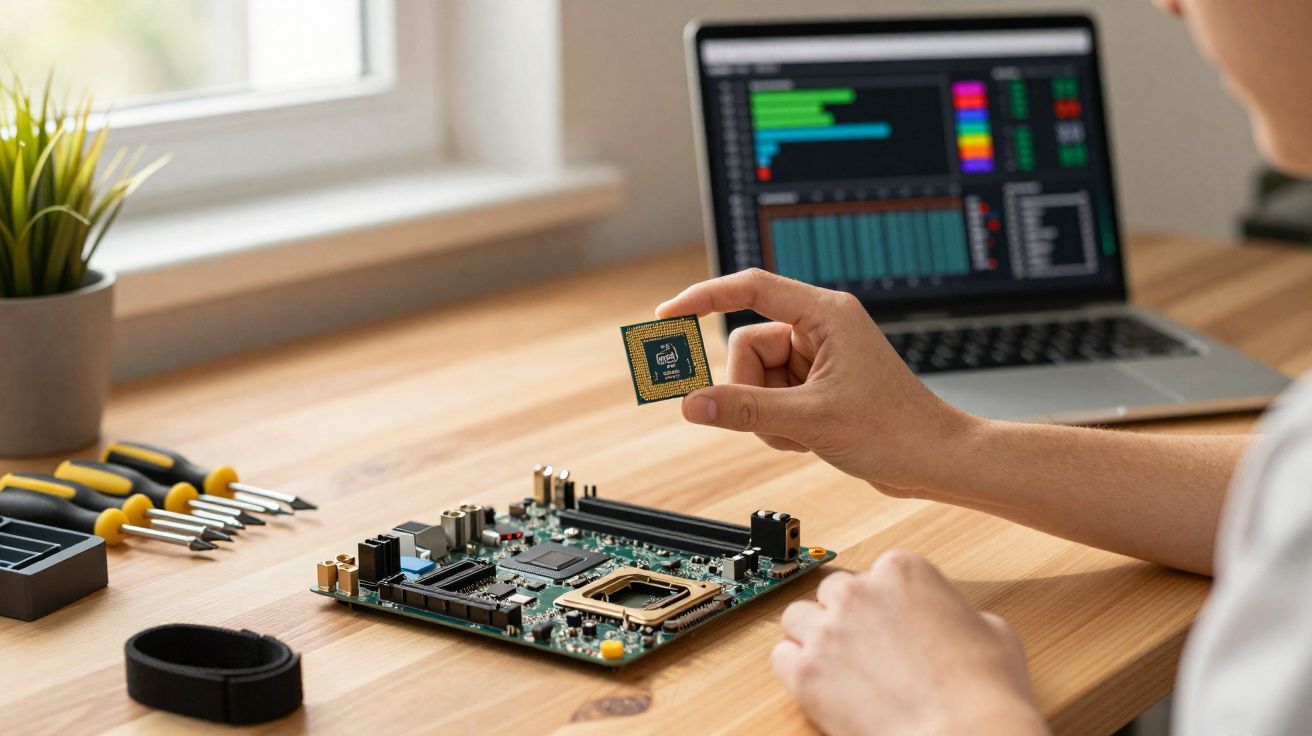 Pessoa a segurar um microchip sobre uma placa mãe em cima de mesa de madeira com computador portátil ao fundo.