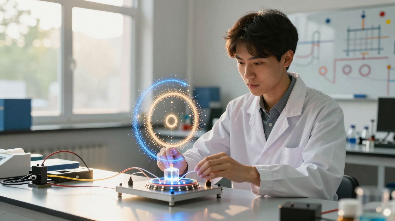 Cientista em laboratório manipula holograma tecnológico sobre mesa com equipamento elétrico.