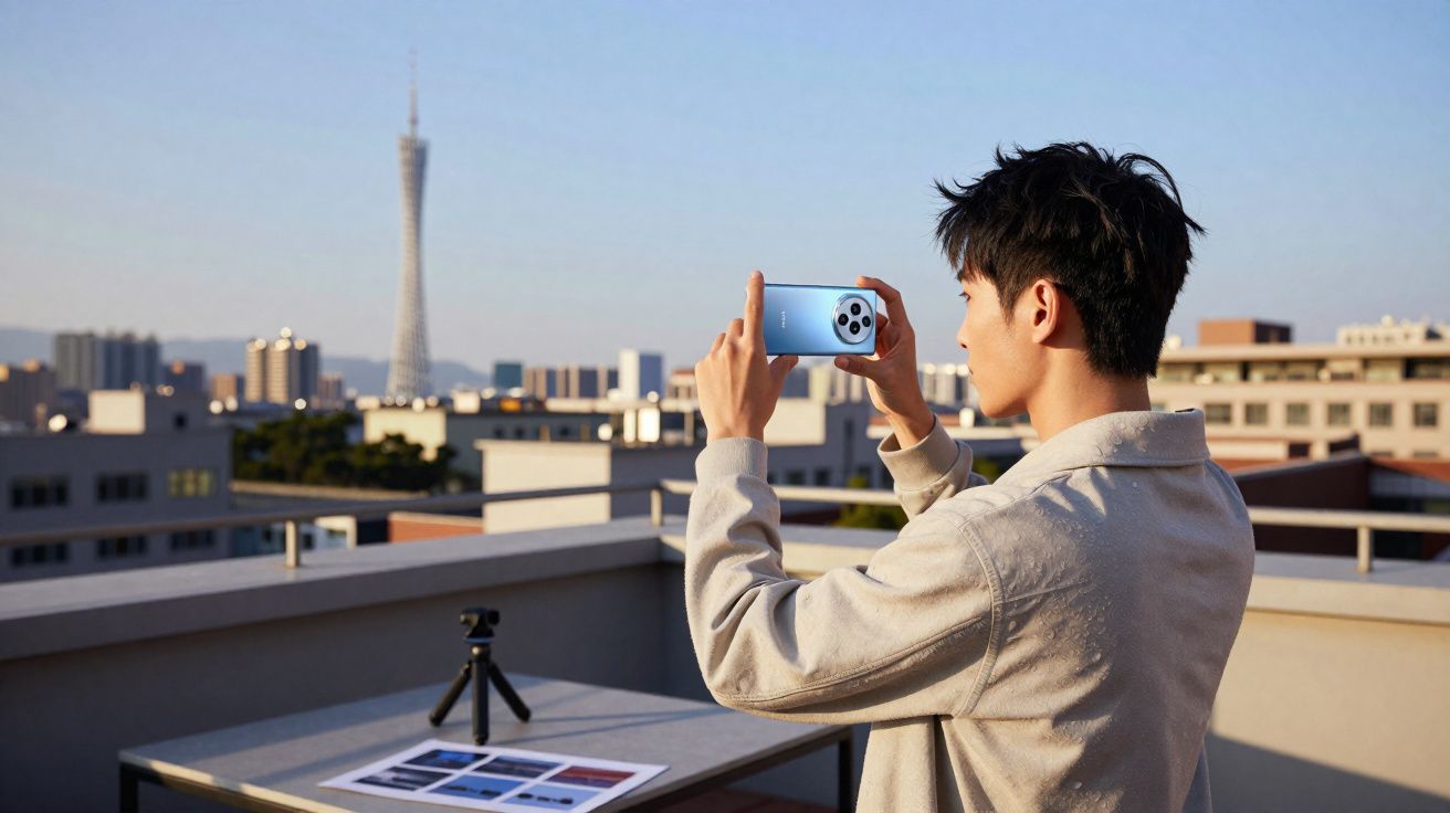 Homem tira foto com smartphone azul num terraço, com vista para edifícios e torre ao fundo.