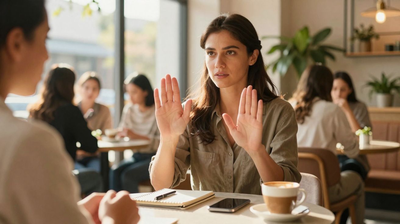 Mulher sentada num café com as mãos levantadas, sinalizando recusa durante conversa com outra pessoa.