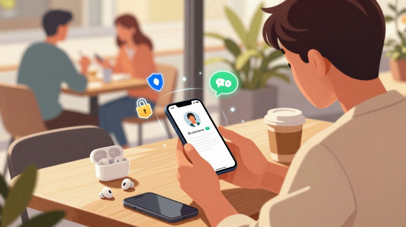 Pessoa numa cafeteria a usar smartphone, com ícones de segurança e mensagem visíveis no ecrã.