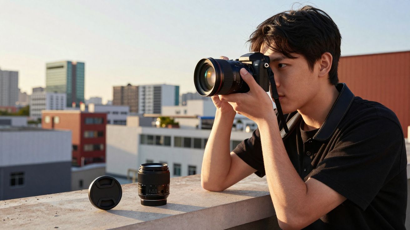 Jovem a tirar fotografias numa varanda com edifícios ao fundo ao pôr do sol.