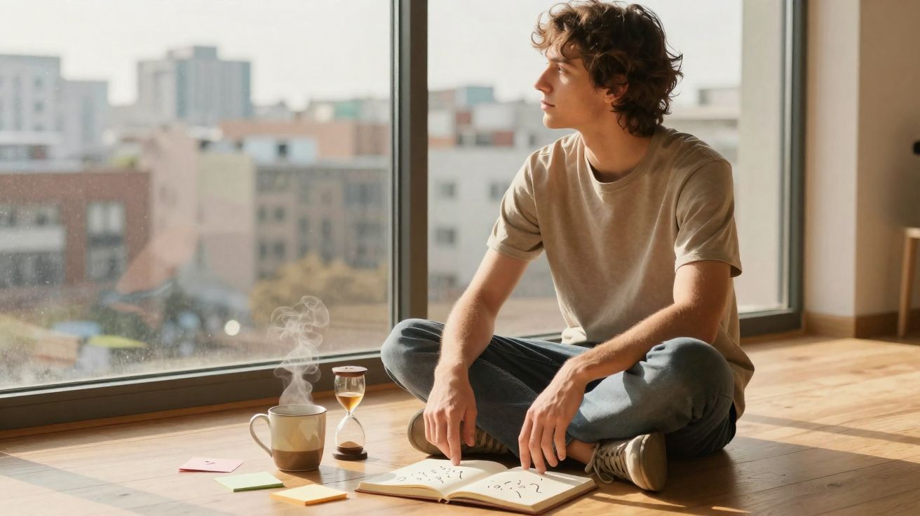 Jovem sentado no chão junto a uma janela grande, lendo um livro, com chá quente e ampulheta ao lado.