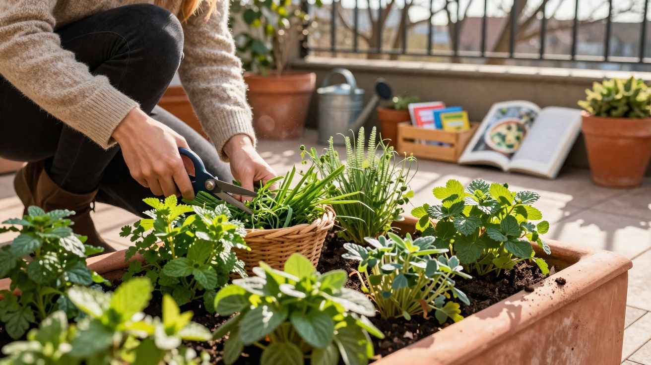 Pessoa a podar ervas aromáticas num vaso grande numa varanda ensolarada com livros e plantas ao fundo.