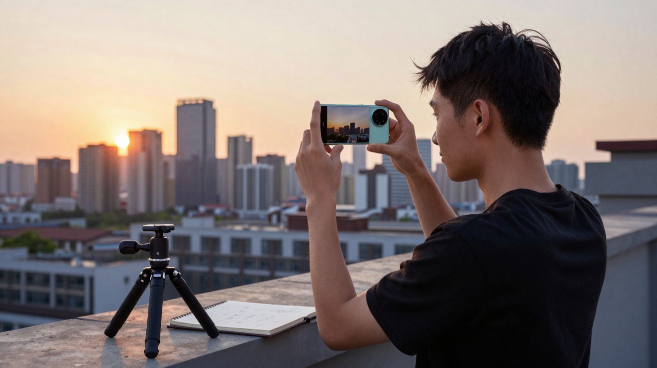 Jovem a fotografar com smartphone o pôr do sol numa cidade, com tripé e caderno na parede.