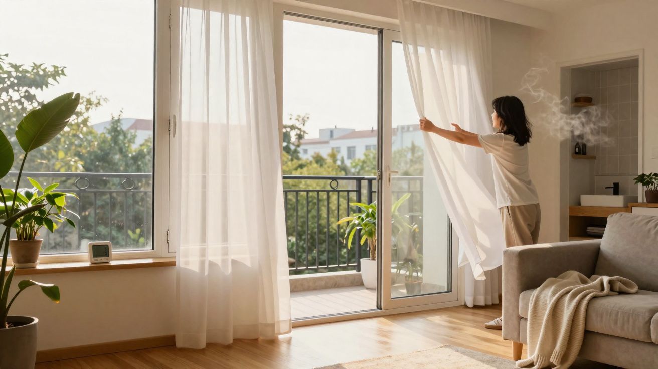 Mulher abre cortina de vidro num salão iluminado com plantas e sofá cinza com manta clara.