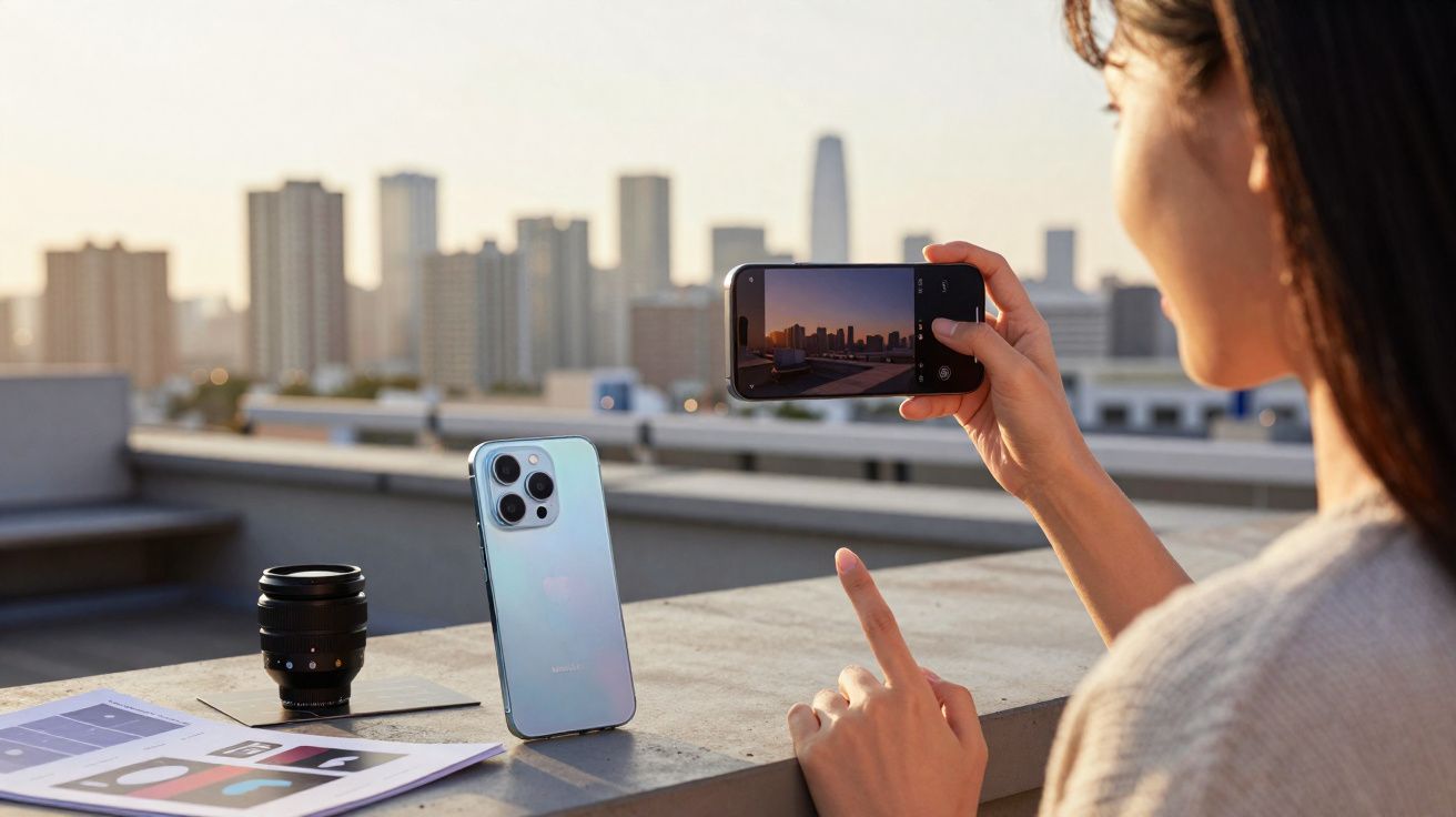 Pessoa a fotografar smartphone apoiado num parapeito com uma cidade ao fundo ao pôr do sol.