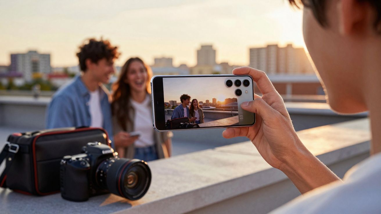 Pessoa a tirar foto com smartphone de casal sorridente num terraço ao pôr do sol, com câmara profissional ao lado.