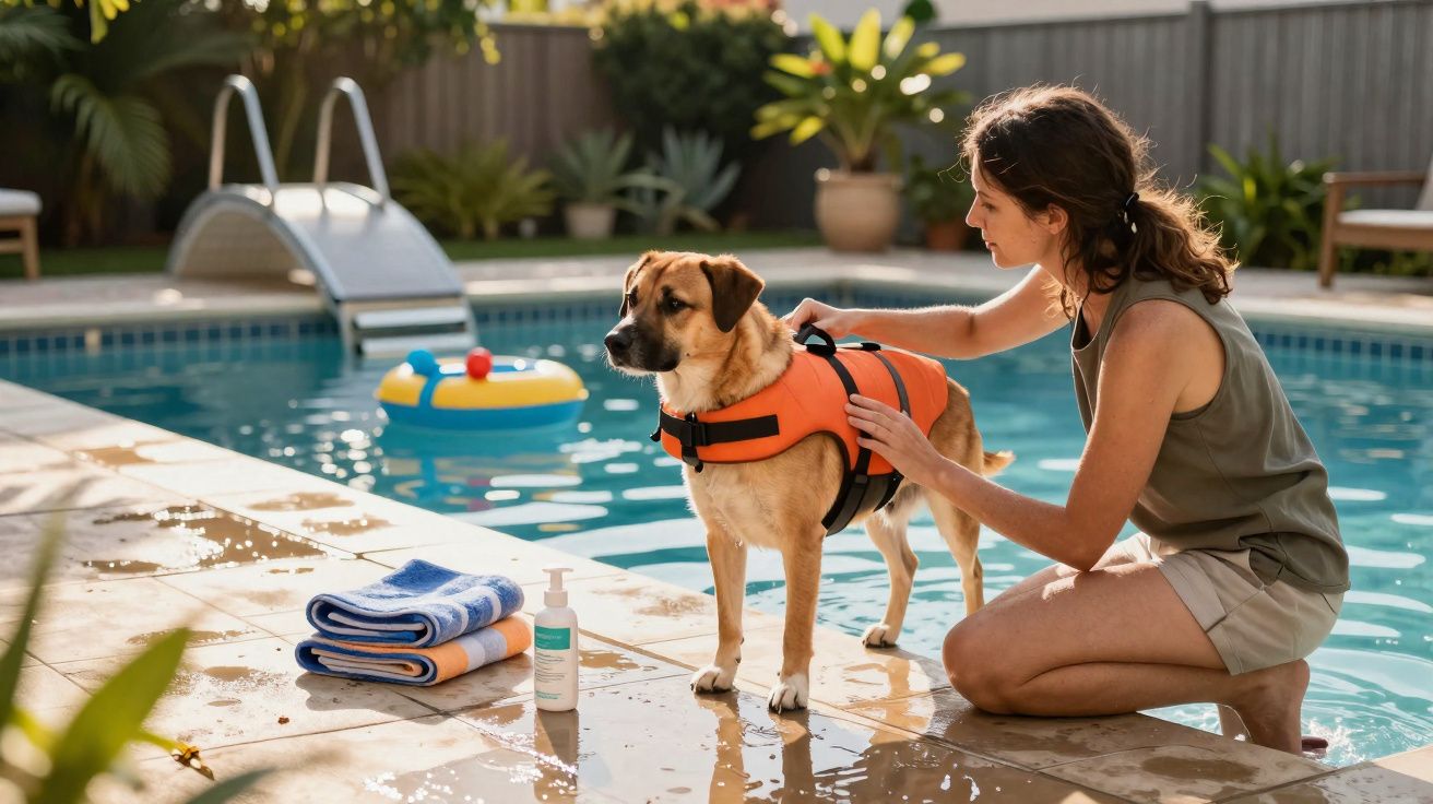 Mulher coloca colete salva-vidas num cão ao lado de piscina com toalhas e desinfetante.