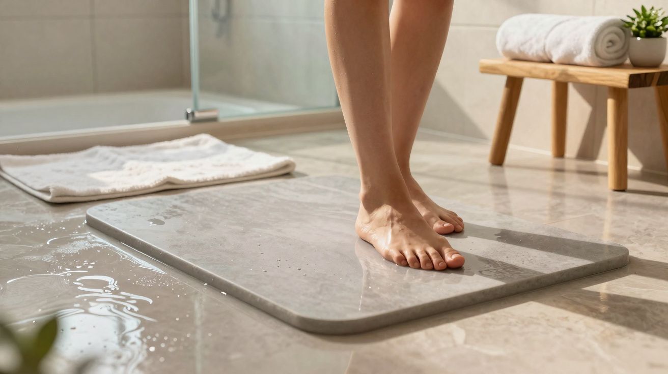 Pés descalços numa base absorvente cinza sobre chão de casa de banho com toalhas e planta ao fundo.