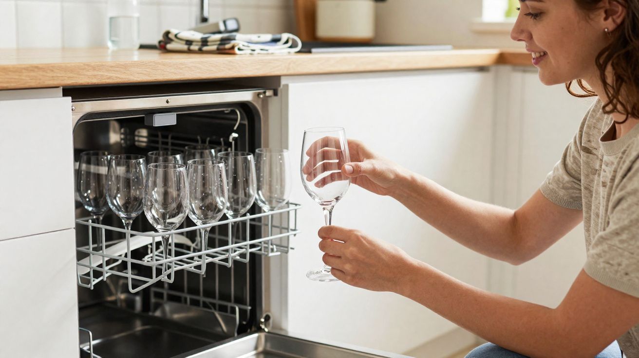 Mulher a retirar taça de vidro limpa de máquina de lavar louça numa cozinha moderna.