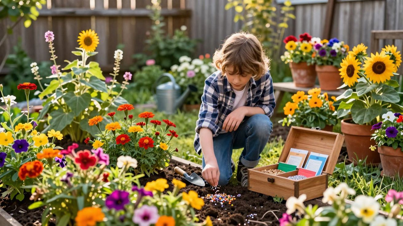 Criança a plantar sementes num jardim colorido com várias flores e vasos ao redor.