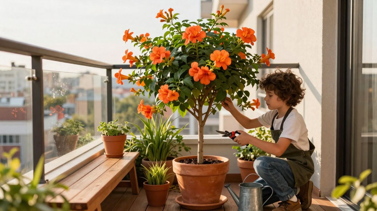 Criança a cuidar de plantas com flores laranja num terraço com várias plantas em vasos.