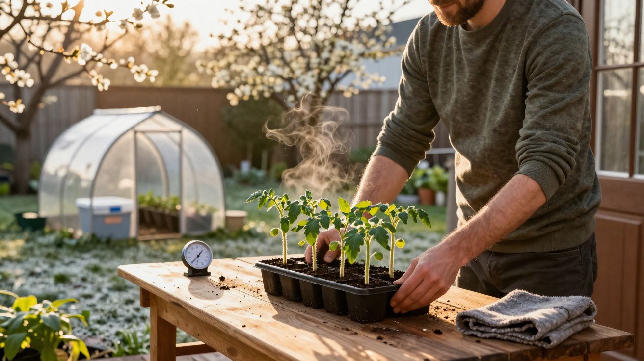 Homem a cuidar de plantas jovens numa estufa caseira ao ar livre numa manhã ensolarada.