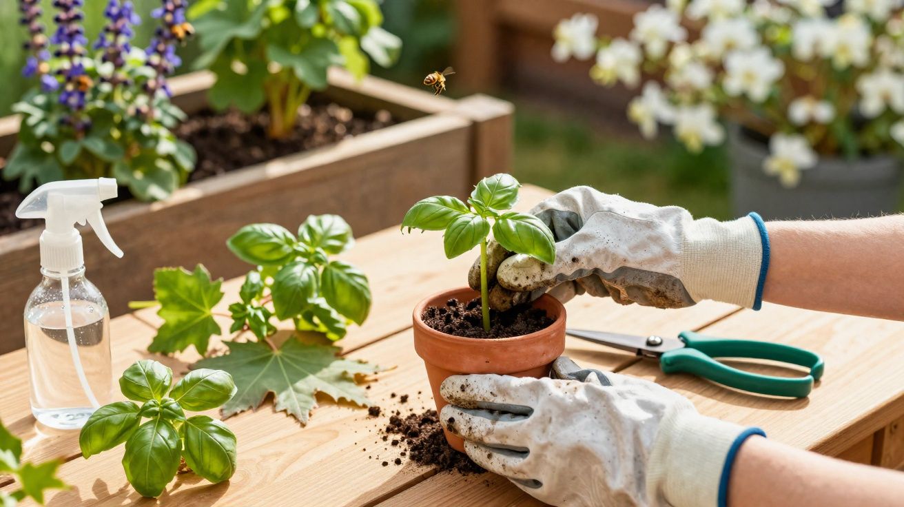 Mãos com luvas a plantar manjericão num vaso com terra num ambiente de jardinagem interior.