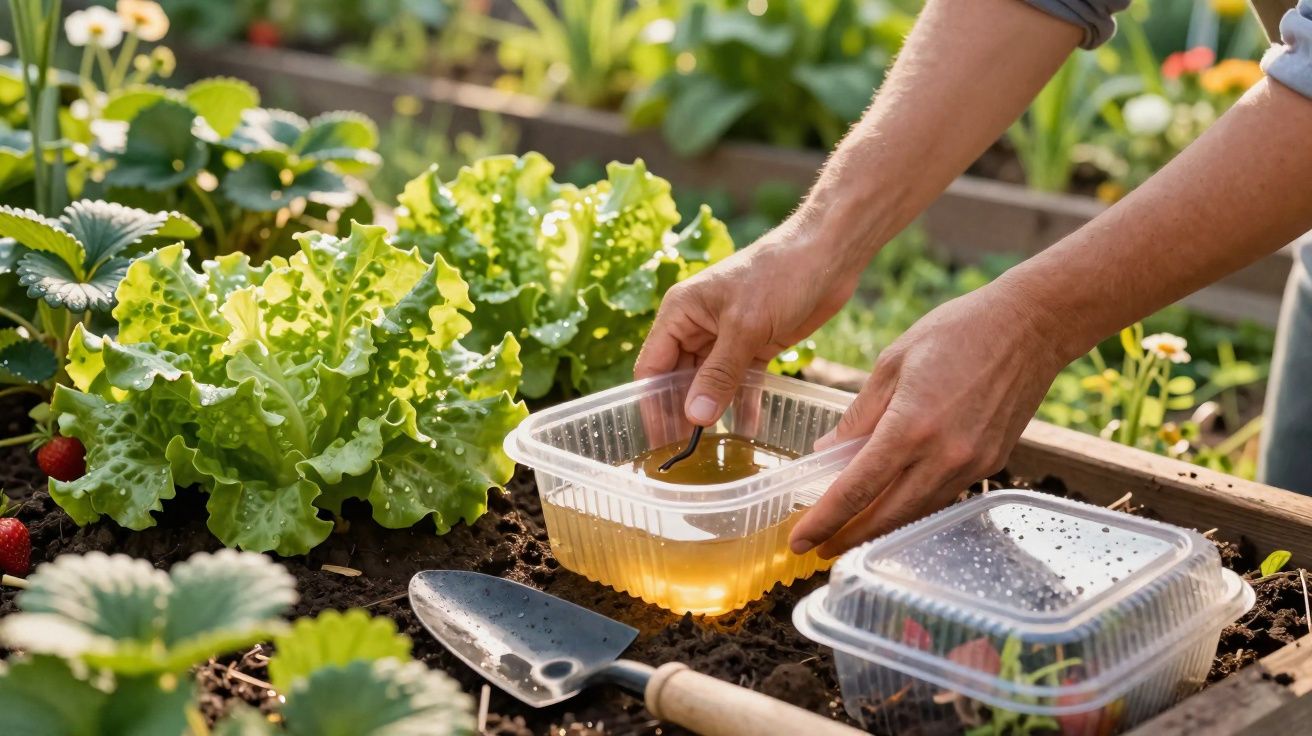 Mãos a alimentar minhocas com líquido num tabuleiro no meio de uma horta com alfaces e morangos.