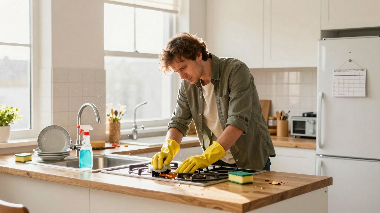 Homem de luvas amarelas a limpar fogão numa cozinha moderna clara com luz natural.