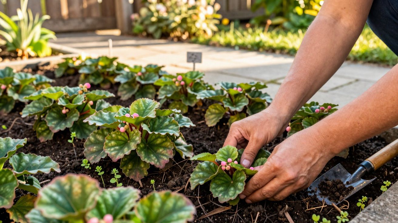 Mãos a plantar pequenas flores rosa em canteiro de jardim com folhas verdes e terra fértil.