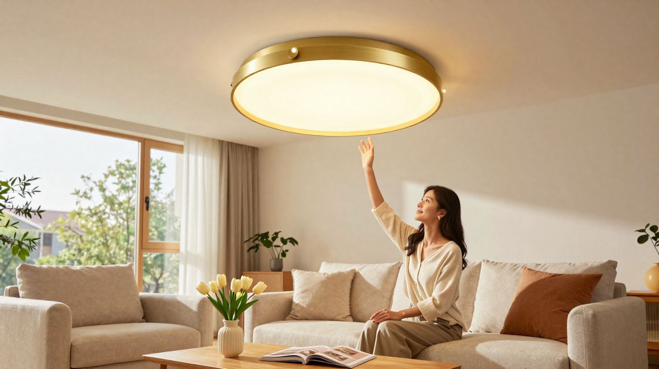 Mulher sentada numa sala moderna, a tocar numa luminária de teto redonda iluminada, com sofá e mesa de madeira.