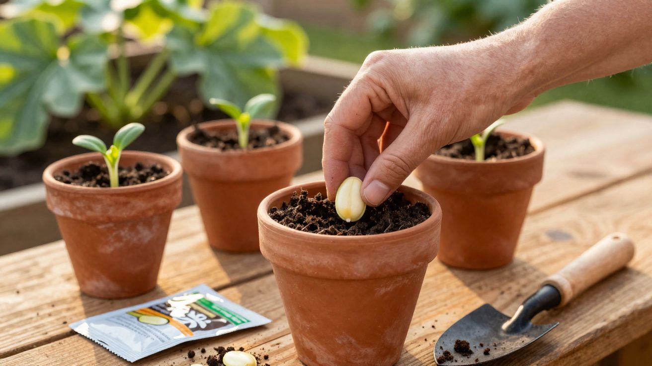 Mão a plantar semente em vaso de barro com mudas e ferramentas de jardinagem num banco de madeira.