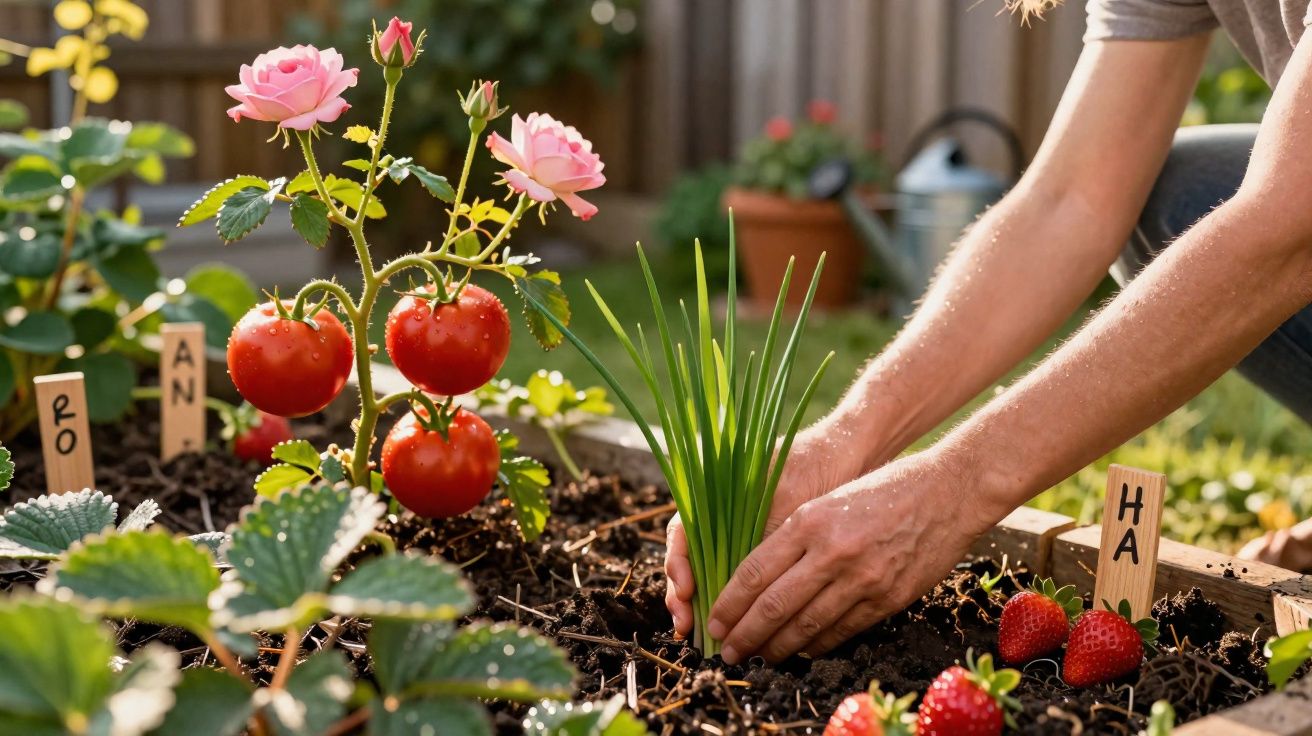 Pessoa a plantar erva aromática numa horta com tomates, morangos e rosas cor-de-rosa.