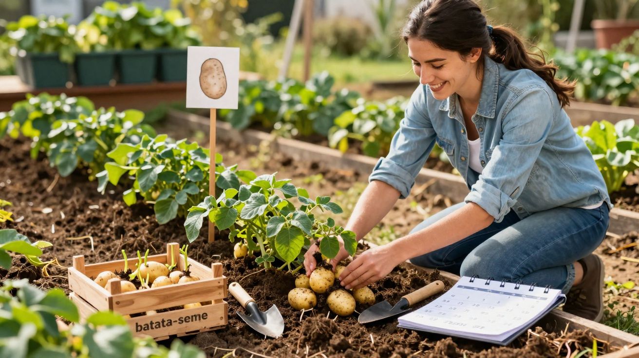 Mulher a colher batatas no cultivo com ferramentas de jardim e caderno junto numa horta.