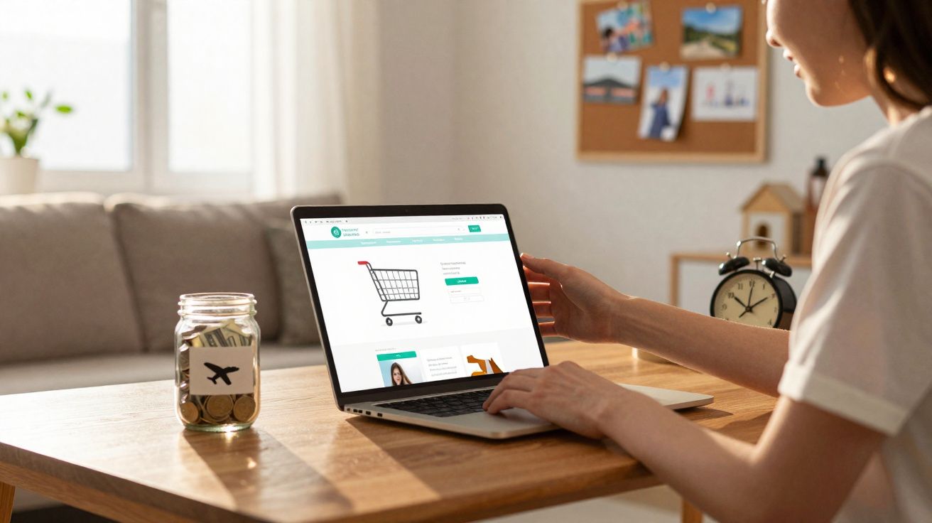 Pessoa a fazer compras online num computador portátil com um mealheiro de moedas ao lado numa mesa de madeira.