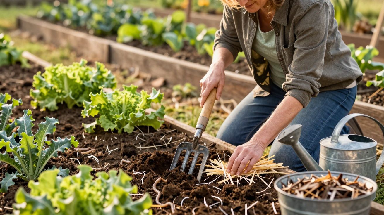 Pessoa a preparar terra para plantar numa horta com regador e legumes cultivados em socalcos.