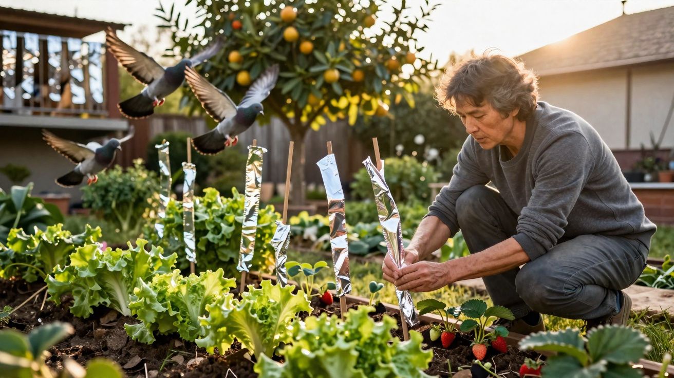 Homem a cuidar de plantas numa horta enquanto pombos voam ao fundo num jardim ensolarado.