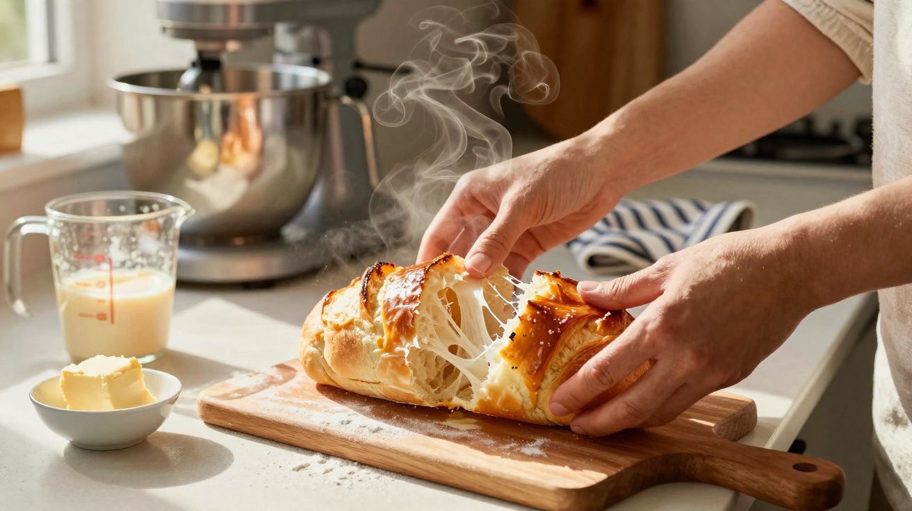 Mãos partem pão de queijo quente e fumegante sobre tábua de madeira na cozinha iluminada.