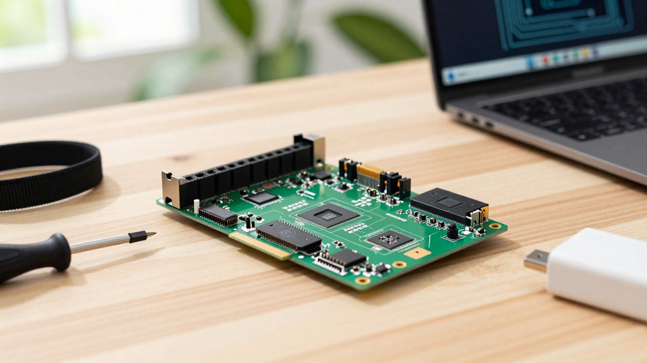 Placa eletrónica verde sobre mesa de madeira com computador portátil, carregador e ferramenta de montagem.
