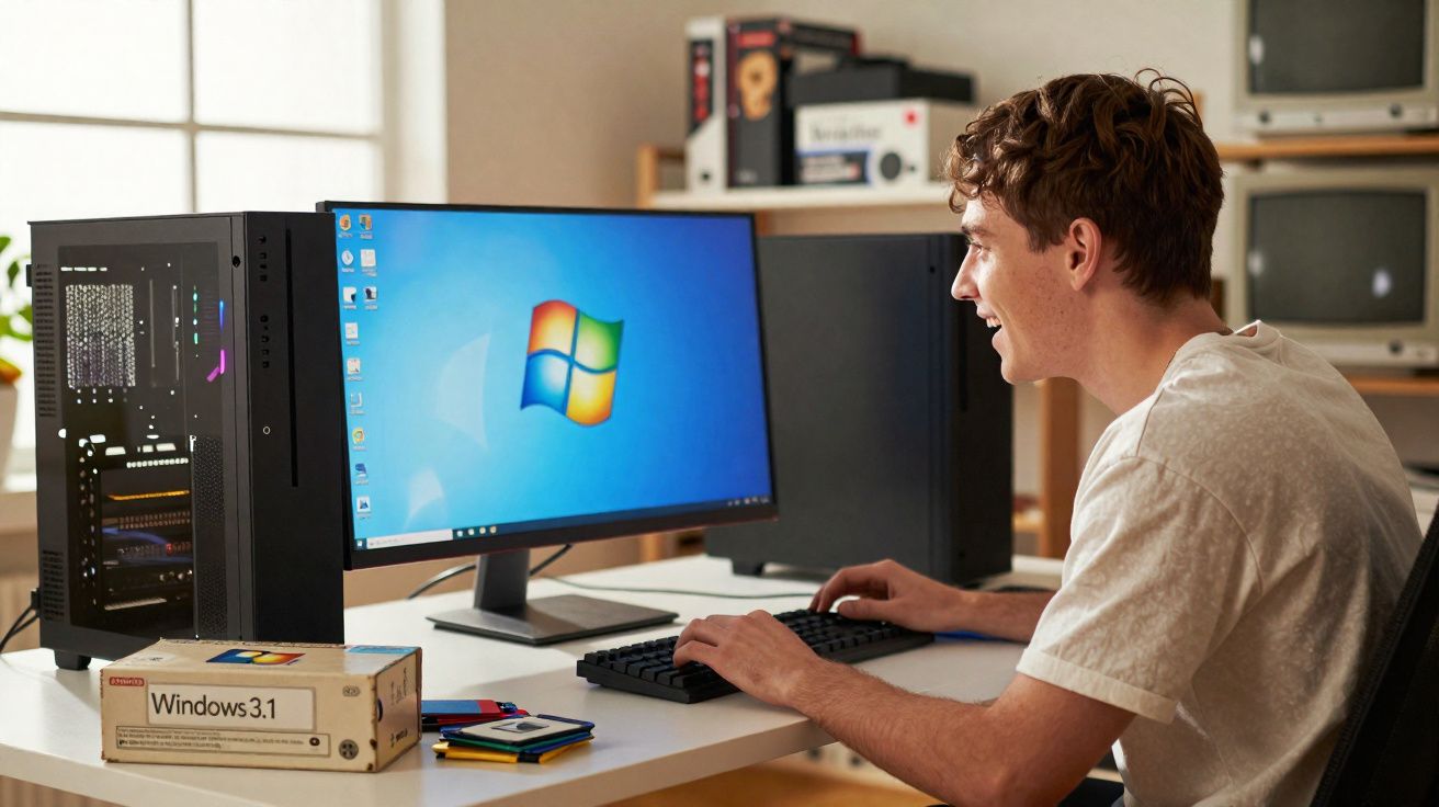 Jovem sentado a usar computador moderno com ecran a mostrar o Windows, perto de caixa antiga do Windows 3.1.