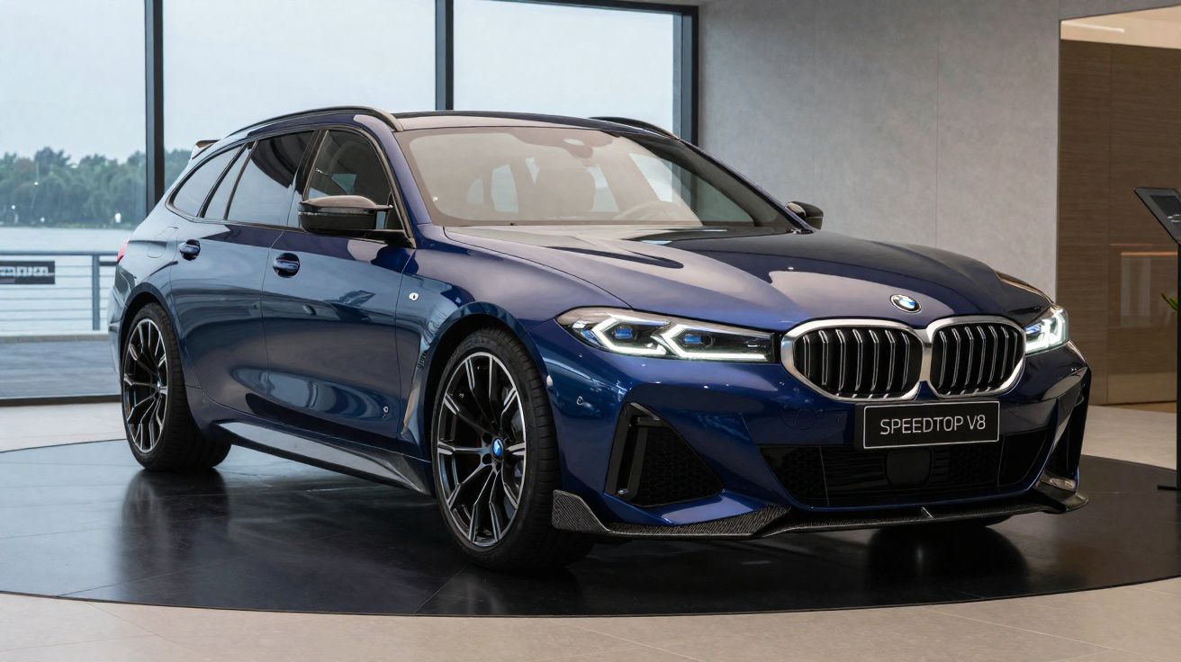 Carro BMW azul escuro modelo Speedtop V8 estacionado em interior com janelas grandes e piso brilhante.